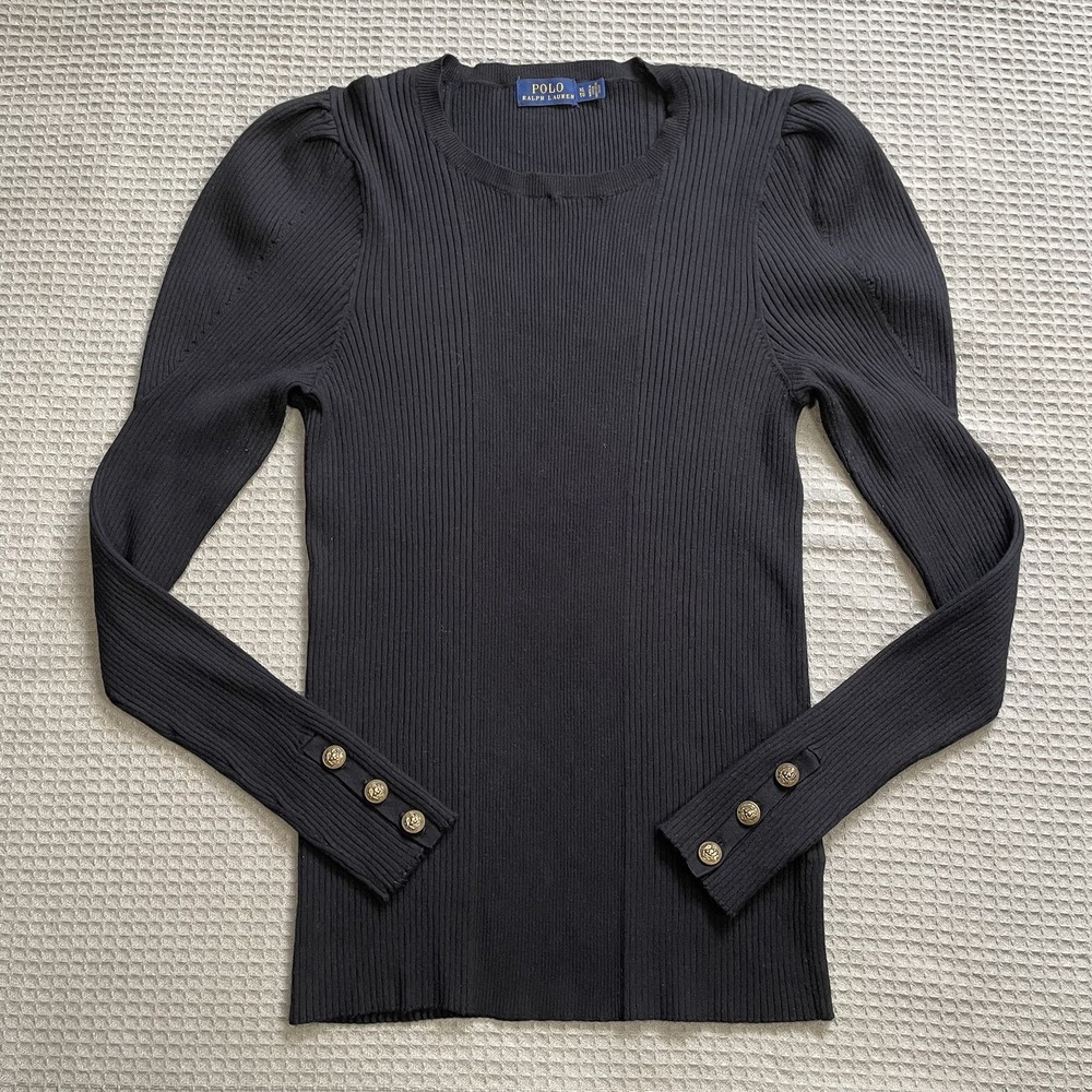 Polo Ralph Lauren Rib Knit Puff Sleeve Sweater XL Womens Black Button Detail